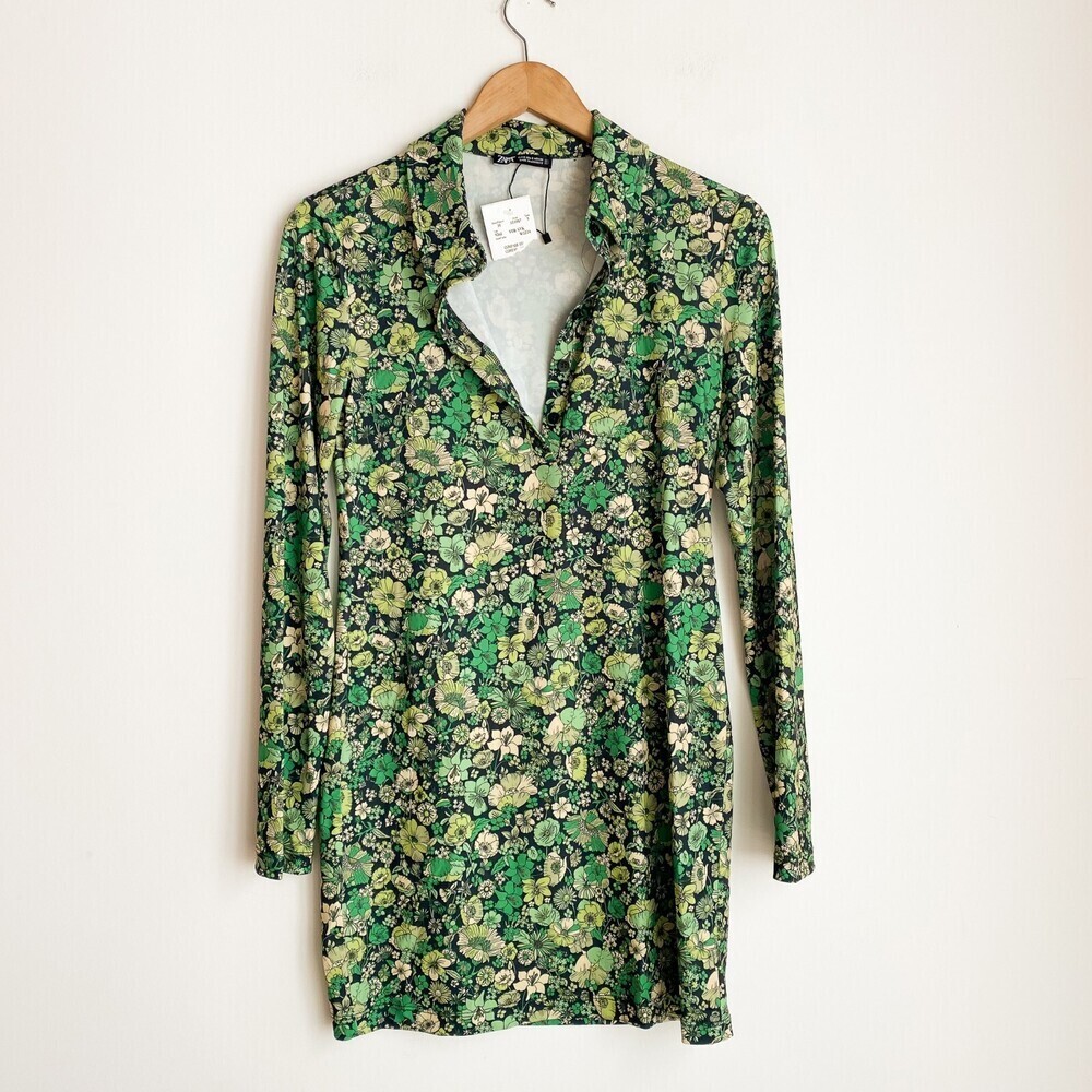NWT Zara Green Micro Floral Long Sleeve High Neck Mini Dress/ Tunic Top S